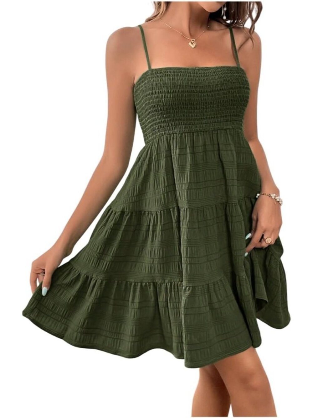 Women's Green Smocked Cami Mini Dress Sleeveless Sundress Swing A-Line Casual